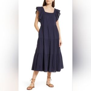Made Well Juniper Berry Ruffle Sleeve Tiered Midi Dress
